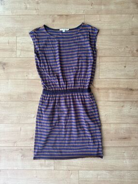 Boden Blue Brown Striped Midi Dress Elastic Waist Casual Coastal Preppy Chic 6R